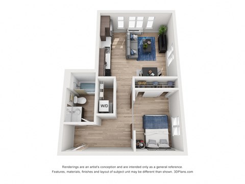 Floor plan for 1 bed, 1 bath, 558 sqft